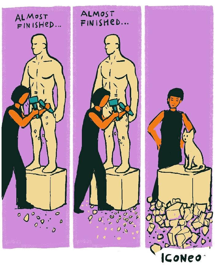 Candid illustration showing an artist sculpting a man who turns into a woman and a cat, reflecting society.