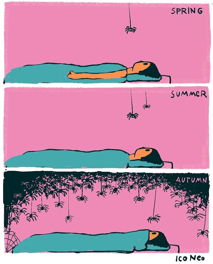 Candid illustration showing a person lying in bed with increasing spiders each season reflecting society themes.