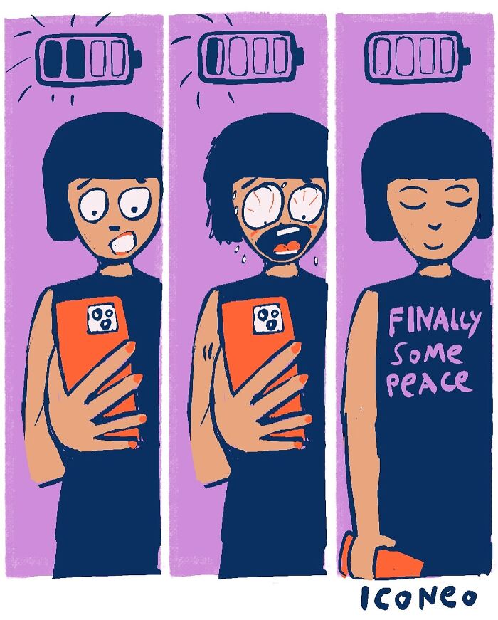 Candid illustration showing a person stressed by low battery on phone, then relieved, reflecting on society and peace.