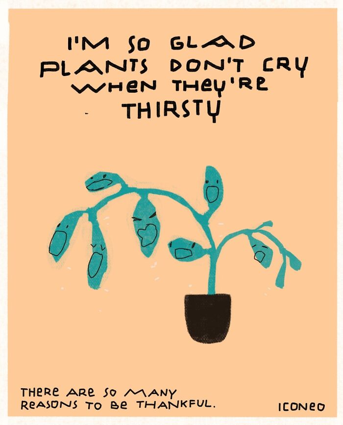 Candid illustration of a wilting plant with faces, reflecting on society and gratitude amid struggle.