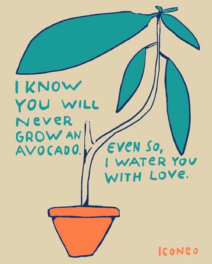 Candid illustration of an avocado plant with a message reflecting love and care in society by an artist.