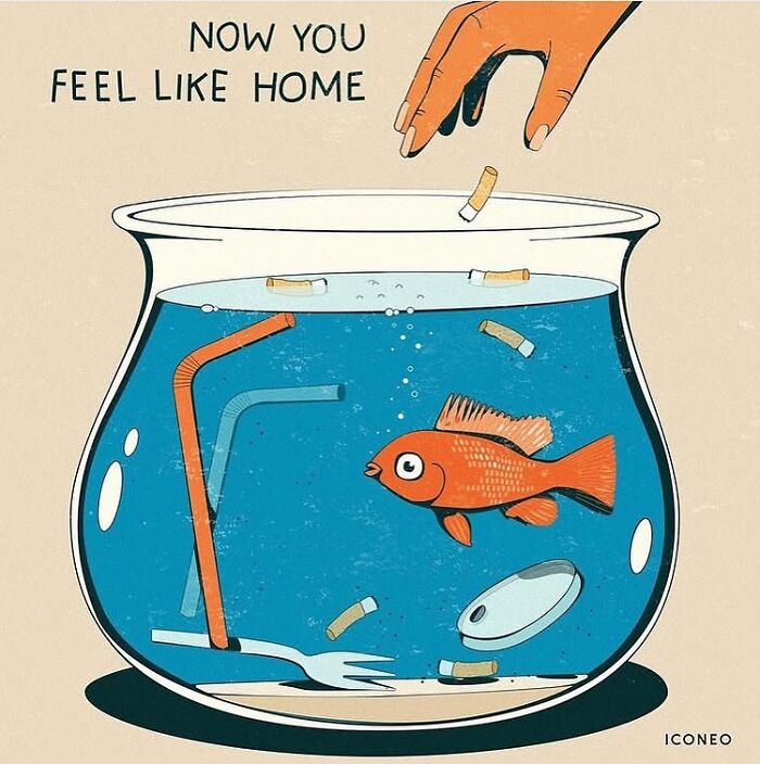 Illustration showing a goldfish in a bowl filled with trash and cigarette butts, reflecting society pollution issues.