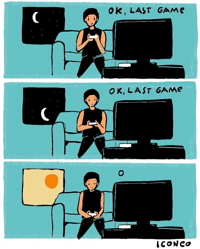 Illustration of a person playing video games late at night, reflecting on society’s impact and time spent.