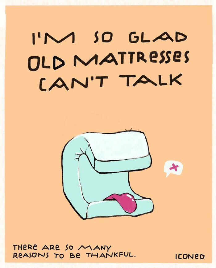 Candid illustration by artist showing a twisted mattress with a tongue, reflecting on society's hidden truths.