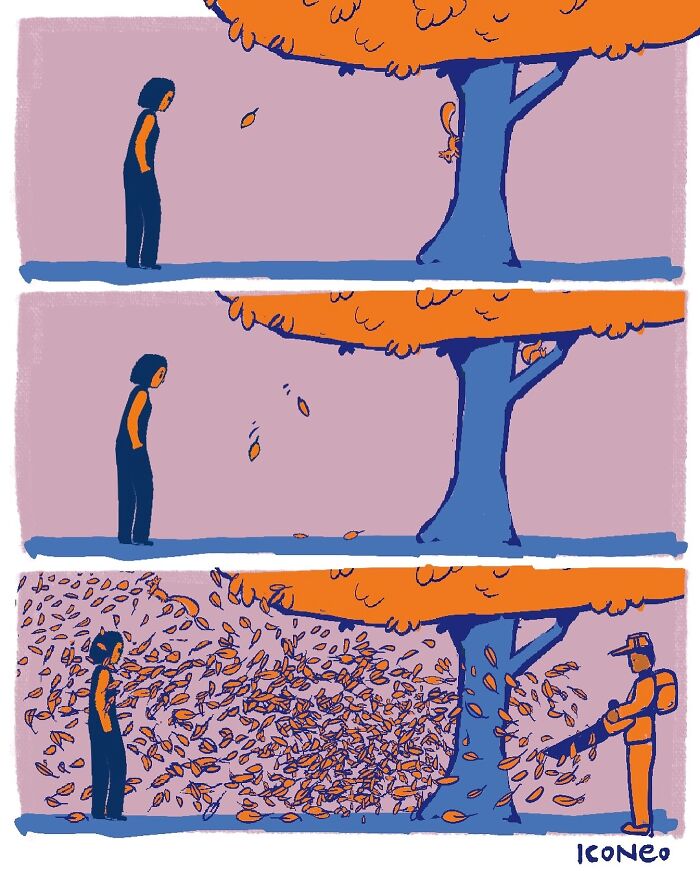 Candid illustration showing a person watching leaves fall as a worker uses a blower, reflecting on society.