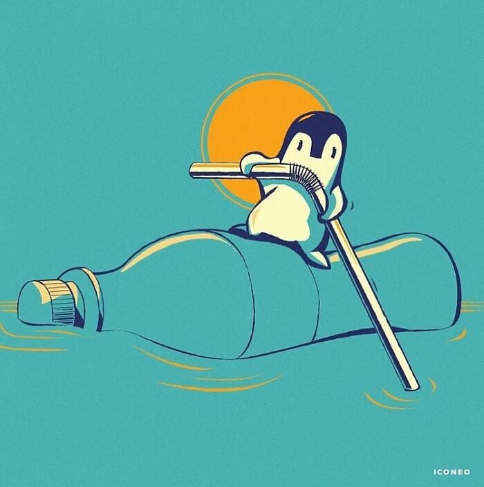 Penguin illustration using a plastic bottle as a boat, highlighting society's environmental pollution through candid artwork.