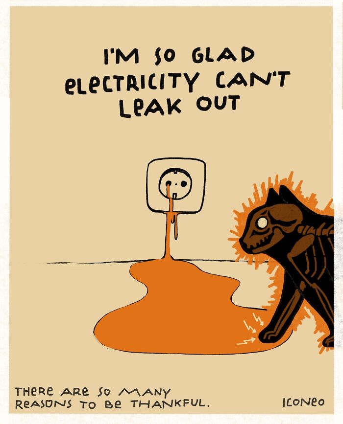 Candid illustration depicting a cat near a leaking electric socket, reflecting on society and modern dangers.