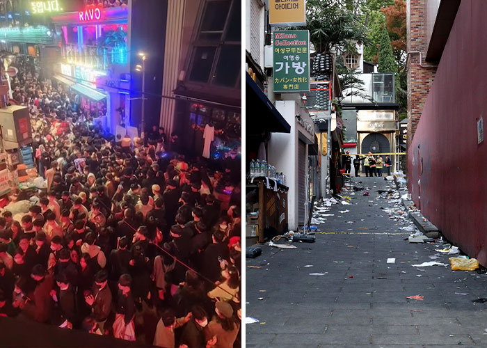 Crowded Halloween night event with neon lights and an empty alleyway scattered with trash and police tape after a tragedy.