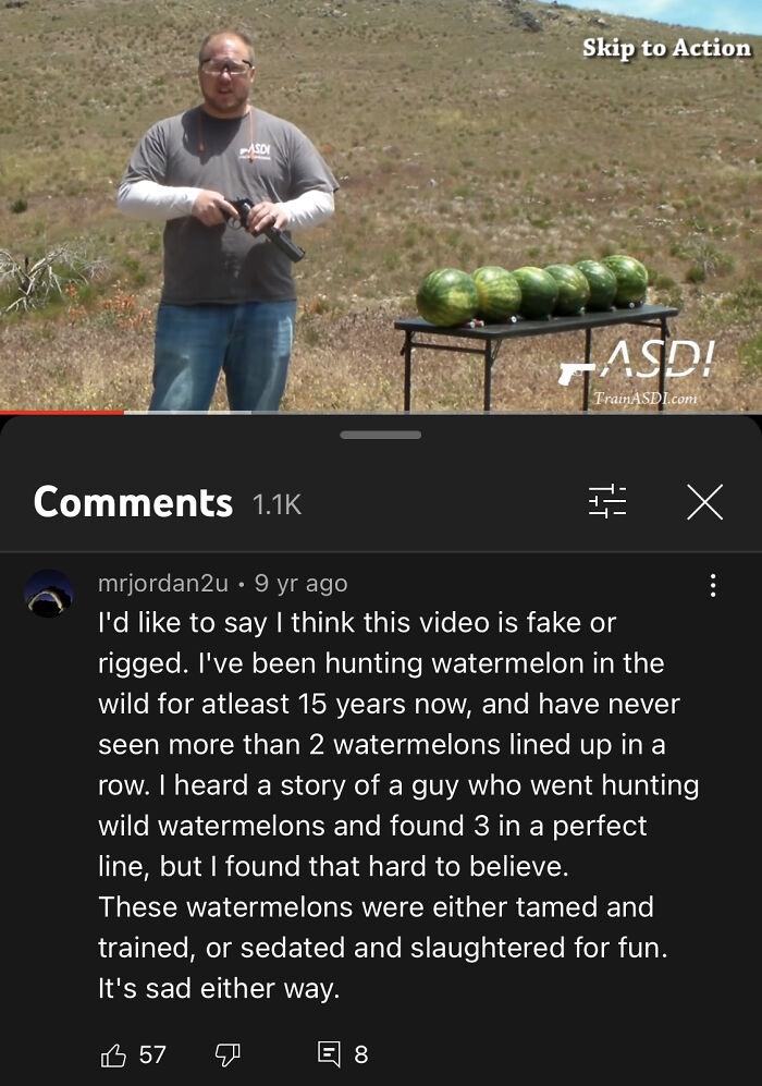 Man demonstrating gun shooting watermelons outdoors with hilarious YouTube comments shown below the video screen.