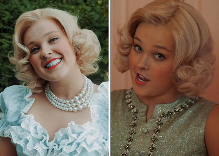Young woman in vintage glam Halloween costume inspired by this year's wildest viral moments, with curled blonde hair and pearl necklace.