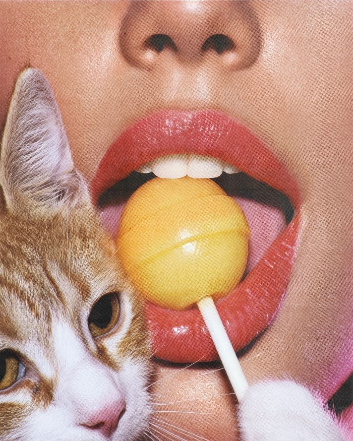 Close-up of lips holding a yellow lollipop with a cat's face nearby, related to Kourtney Kardashian lollipops for women.