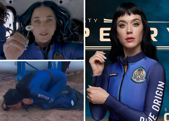 Woman in a blue space suit costume inspired by viral moments, posing and acting in scenes outdoors and indoors.