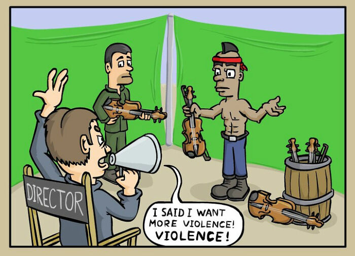 Cartoon by German artist showing a director demanding more violence in a darkly funny comic about everyday life.