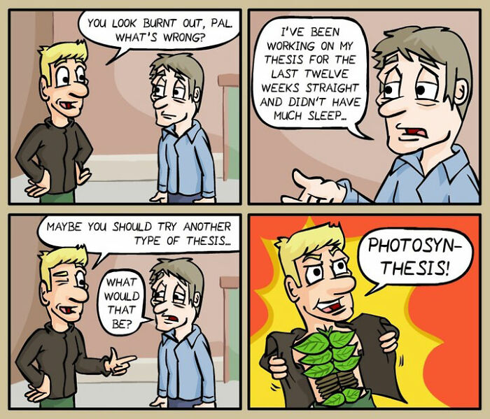 Comic strip by German artist showing darkly funny everyday life humor about stress and sleeplessness with a photosynthesis joke.