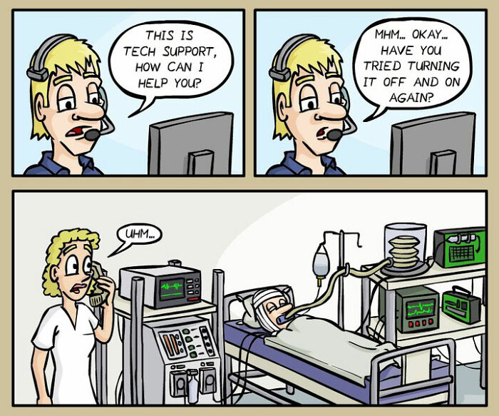 Tech support comic by German artist shows darkly funny everyday life with a nurse and patient on medical machines.