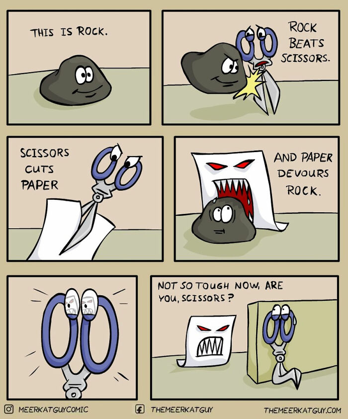 Darkly funny comic by German artist showing animated rock, scissors, and paper in a humorous everyday life scene.