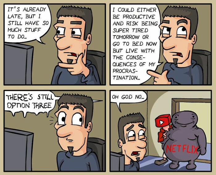 Comic panels showing a man debating procrastination with darkly funny comics about everyday life by a German artist.