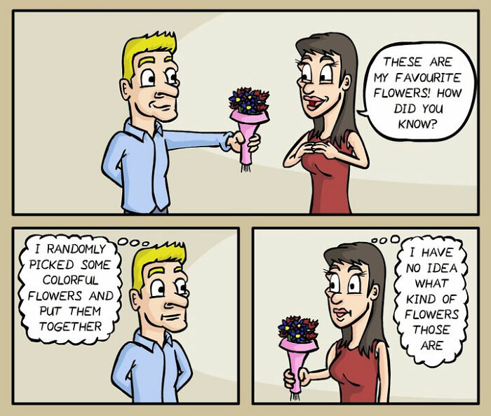 Comic panels depicting a darkly funny everyday life moment with a man giving flowers to a surprised woman.