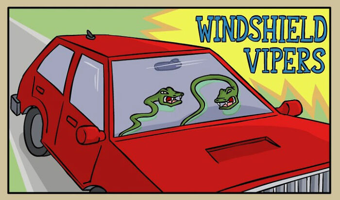Red car with darkly funny comic featuring two angry vipers on the windshield by German artist.