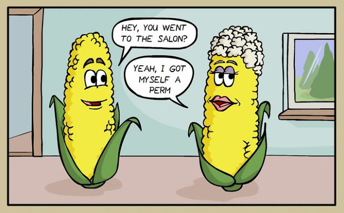 Cartoon of two corn characters with one saying they got a perm, in a German artist’s darkly funny comics about everyday life.