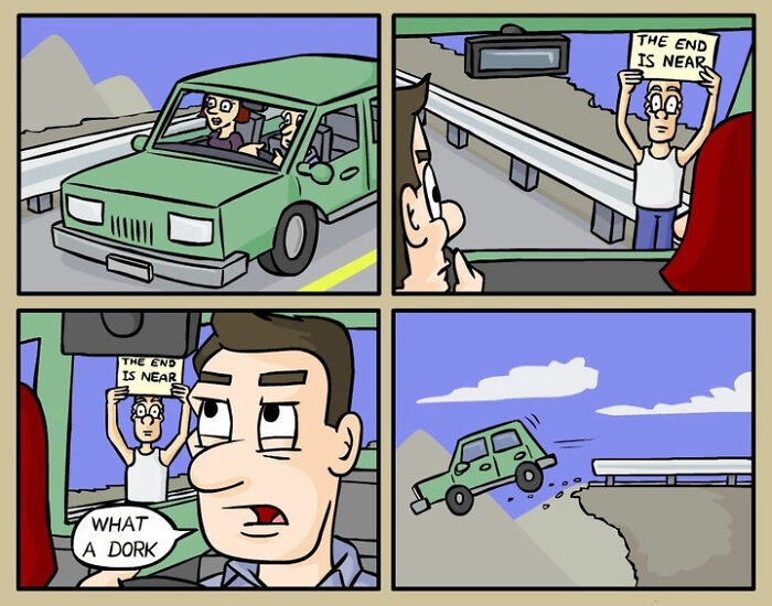 Comic panels by German artist showing darkly funny everyday life moments with a man ignoring a warning sign before driving off a cliff.