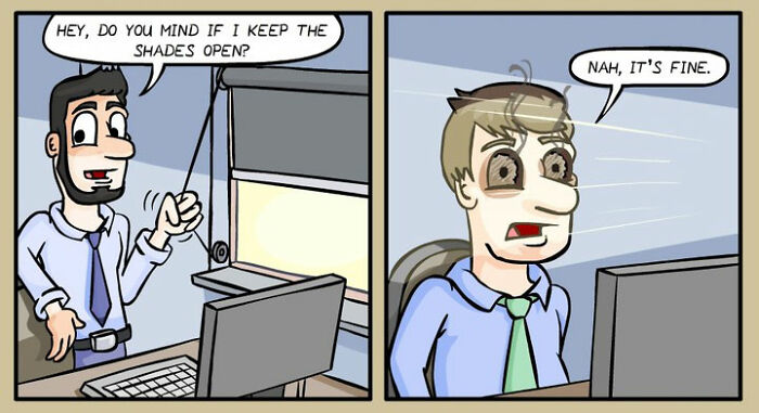Comic panel showing a darkly funny everyday life moment with two men at work and exaggerated tired eyes behind a computer.