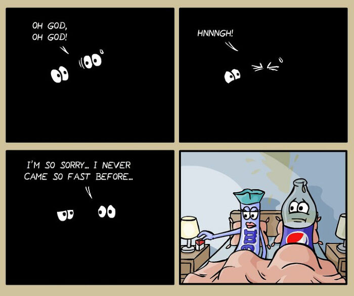 Darkly funny comic by German artist showing a humorous everyday life scene with animated snack and soda characters in bed.