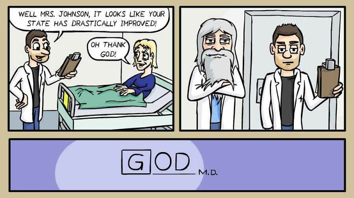 Comic panel showing a doctor telling a patient her state improved with a twist featuring a German artist’s darkly funny style.