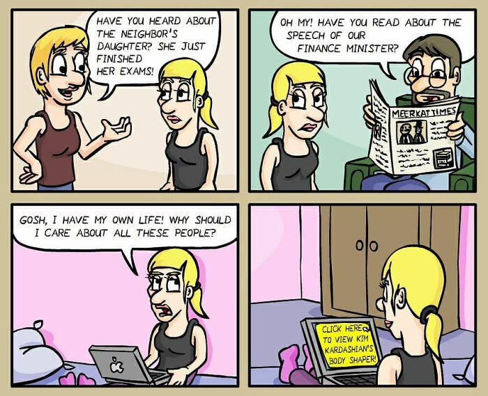 Comic panel by German artist showing darkly funny everyday life scenes with characters discussing gossip and ignoring others.