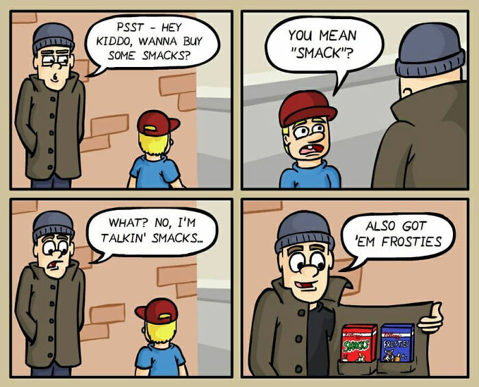 Comic by German artist showing a darkly funny everyday life scene with a man trying to sell snacks to a child.