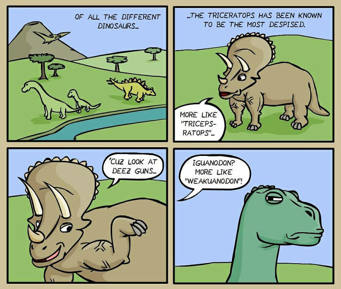 Comic by German artist shows dinosaurs humorously commenting on their strengths in everyday life.