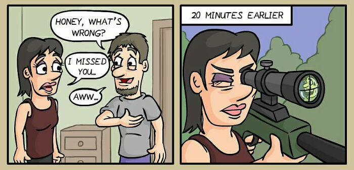 Darkly funny comic by German artist shows a woman with a sniper rifle and a surprised man in everyday life scene.