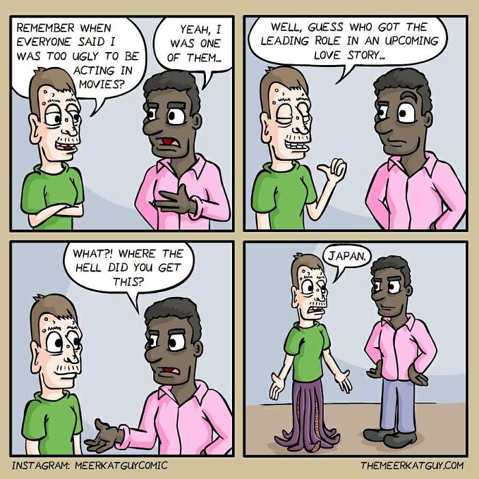 Comic panel by German artist featuring darkly funny everyday life humor with two men in casual conversation.