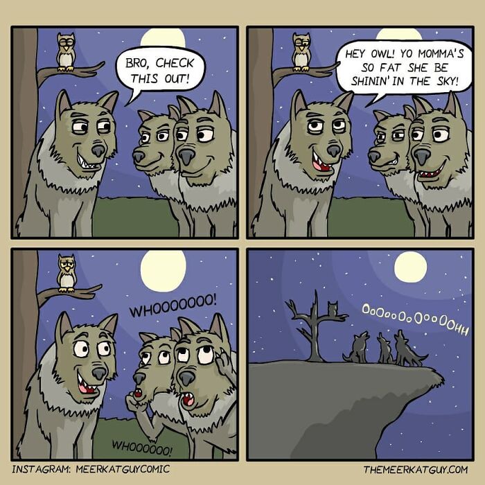 Darkly funny comic by German artist shows wolves and owl in a humorous nighttime scene about everyday life.