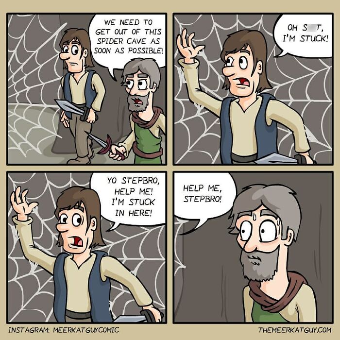 Comic panel showing darkly funny everyday life situation with two men stuck in a spider web, calling for help from each other.