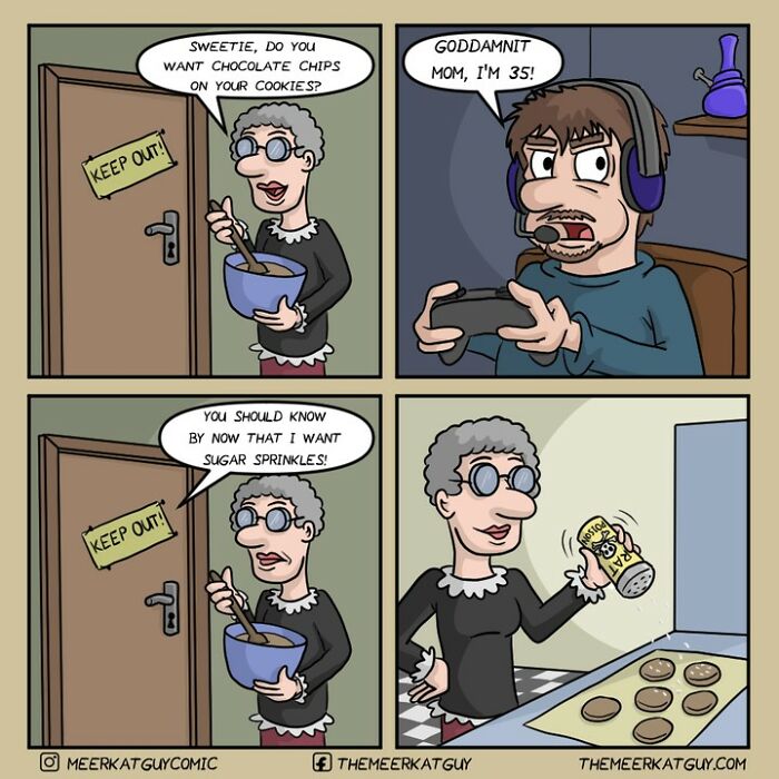 Comic by German artist shows darkly funny everyday life with mother baking cookies while son plays video games inside.
