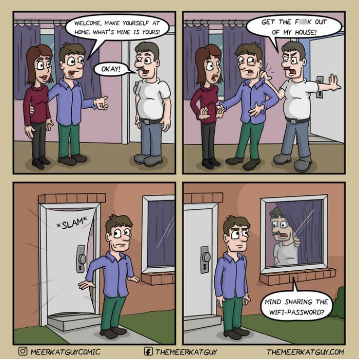 Comic by German artist shows darkly funny everyday life scene with unexpected guest interaction and witty humor.