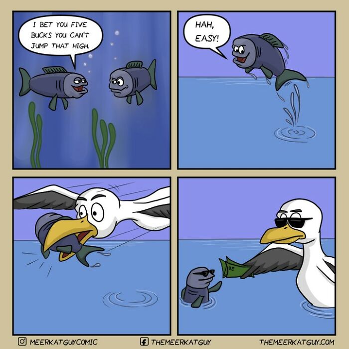Comic by German artist shows darkly funny everyday life with fish jumping high and a seagull stealing the catch for money.