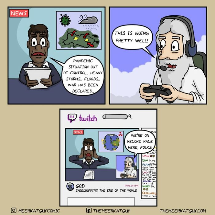 Darkly funny comics by German artist show chaotic news and a gamer saying this is going pretty well in everyday life scenes.