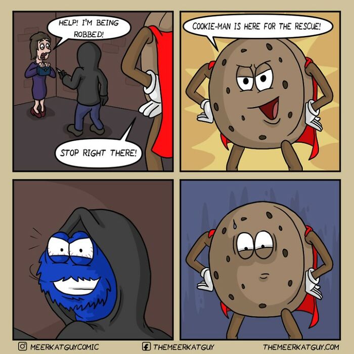 Comic panels by German artist show darkly funny everyday life with a cookie superhero confronting a robber.