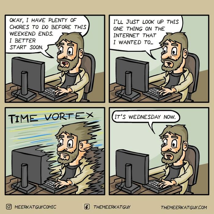 Cartoon by German artist showing a man trapped in a time vortex while doing everyday chores on his computer.