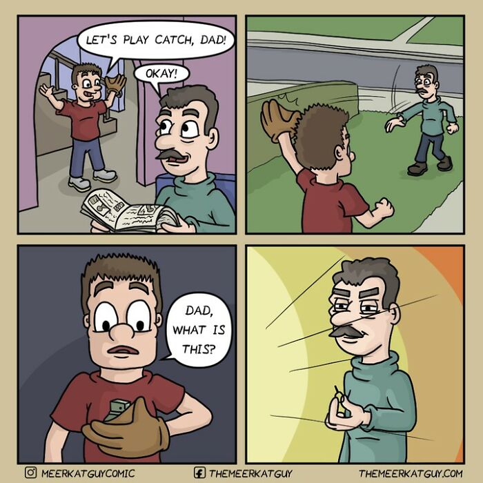 Comic by German artist shows darkly funny everyday life scene of a father and son playing catch with a surprising twist.