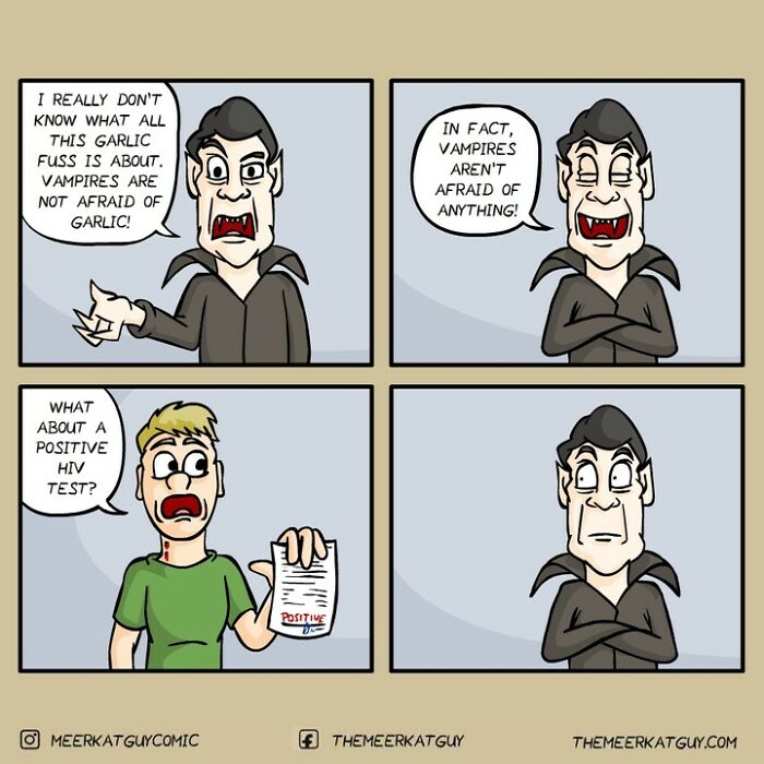 Darkly funny comic by German artist shows vampire denying garlic fears, shocked by positive HIV test in everyday life humor.