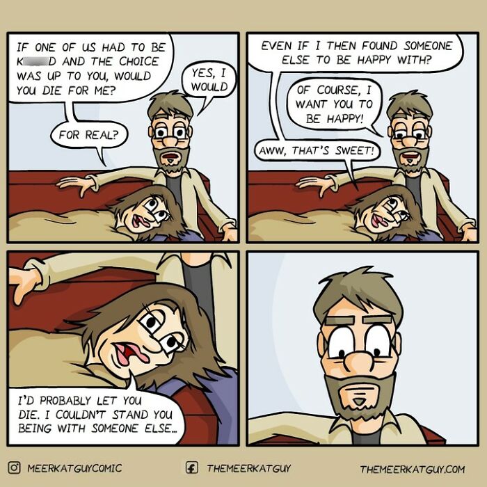 Comic panel from German artist showing a darkly funny everyday life conversation between a couple on a bed.