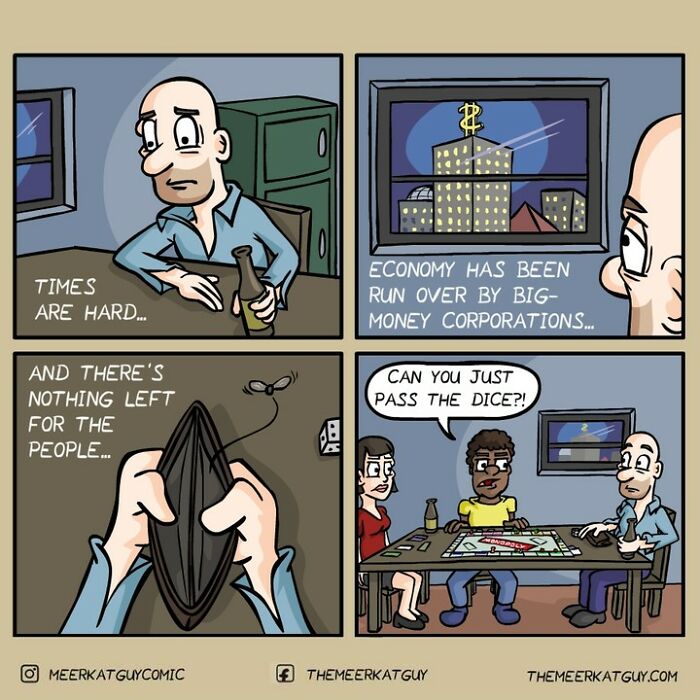 Darkly funny comics by German artist showing everyday life struggles with economy and big-money corporations.