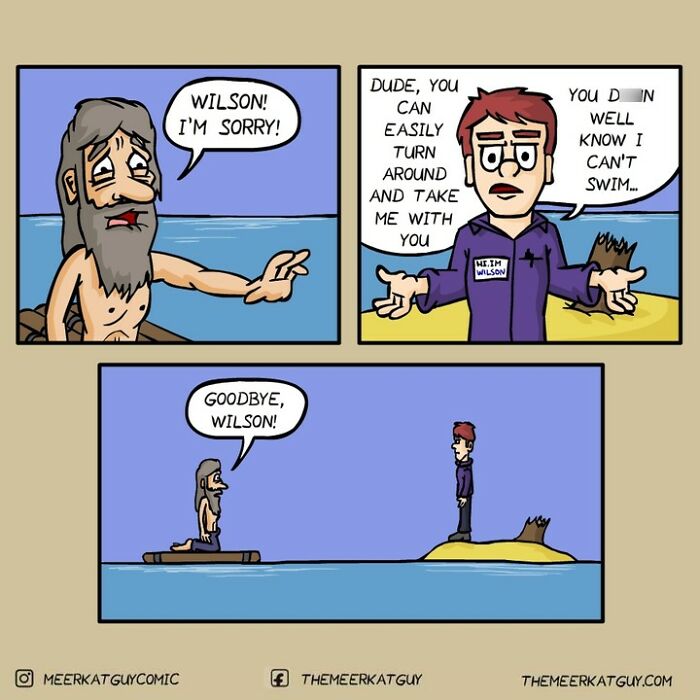 Darkly funny comic by German artist shows two men on water, one apologizing and saying goodbye in a humorous everyday life scene.