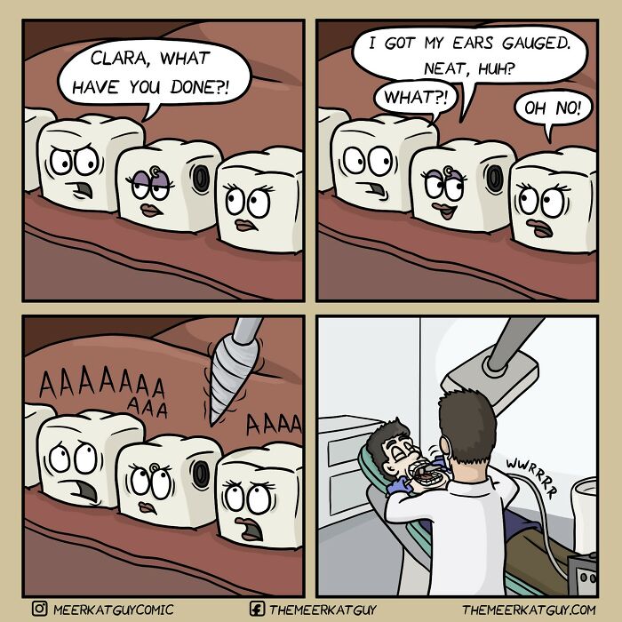 Comic strip by German artist showing darkly funny everyday life with talking teeth and a dental drill scene.
