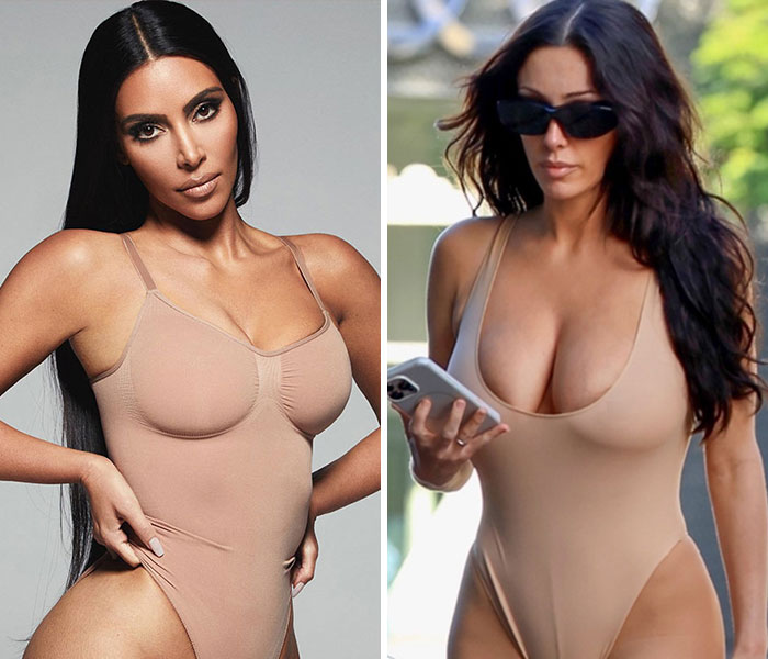 Side-by-side images of Kim Kardashian showcasing iconic looks in n**e bodysuits highlighting fashion comparisons.