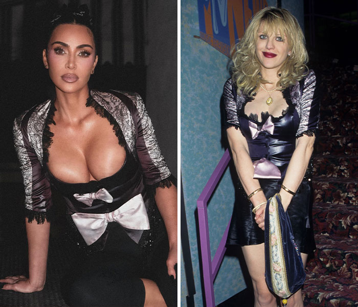 Side-by-side images showing Kim Kardashian and a star wearing similar iconic looks in matching black and pink outfits.