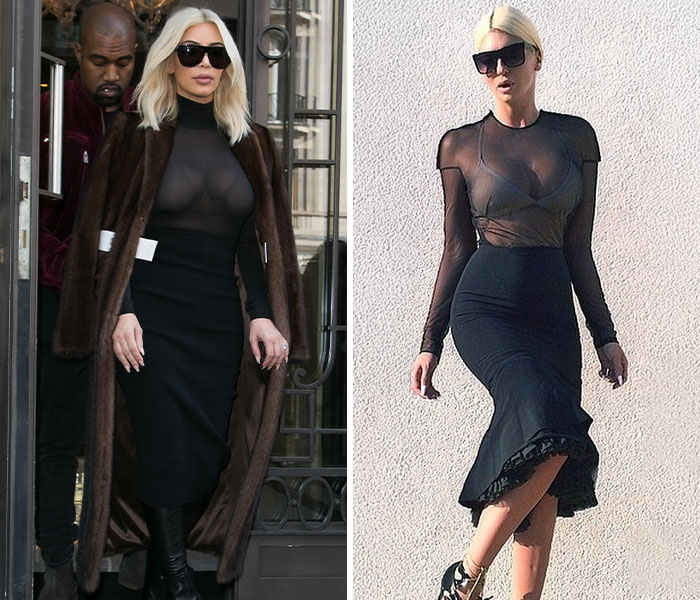 Side-by-side comparison of Kim Kardashian and another star wearing similar sheer black tops and black skirts in iconic looks.